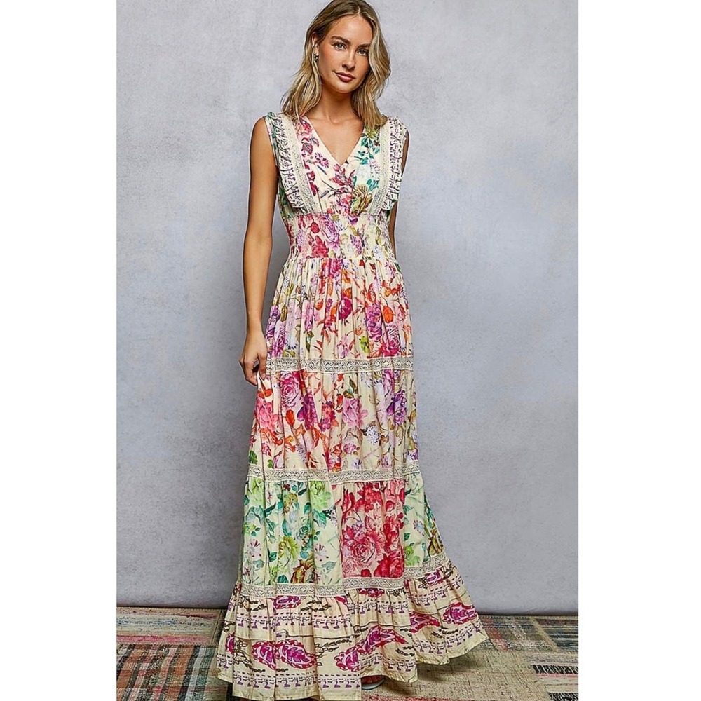 POL Floral Cotton Smocked Waist V-Neck Maxi Dress Sleeveless Tiered Boho Large